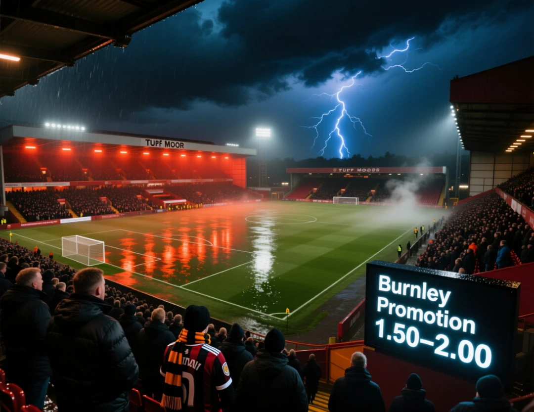 Turf Moor stadium at night with betting odds display showing Burnley's promotion chances in dramatic lighting