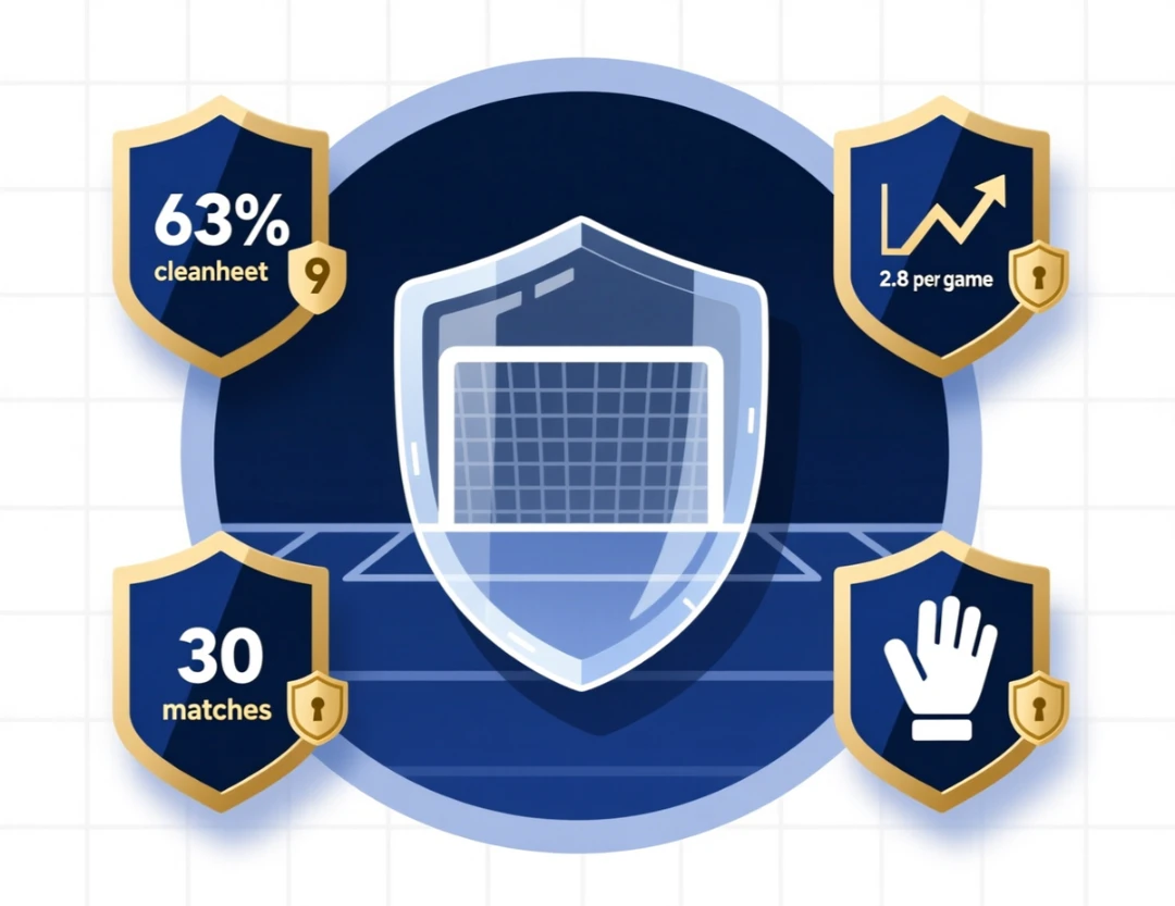 Burnley defensive statistics showing 63% clean sheet rate and only 9 goals conceded in 30 matches