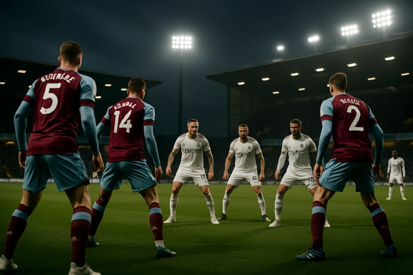 Burnley FC versus Leeds United Championship match showing tactical defensive formations and strategic positioning on the football pitch