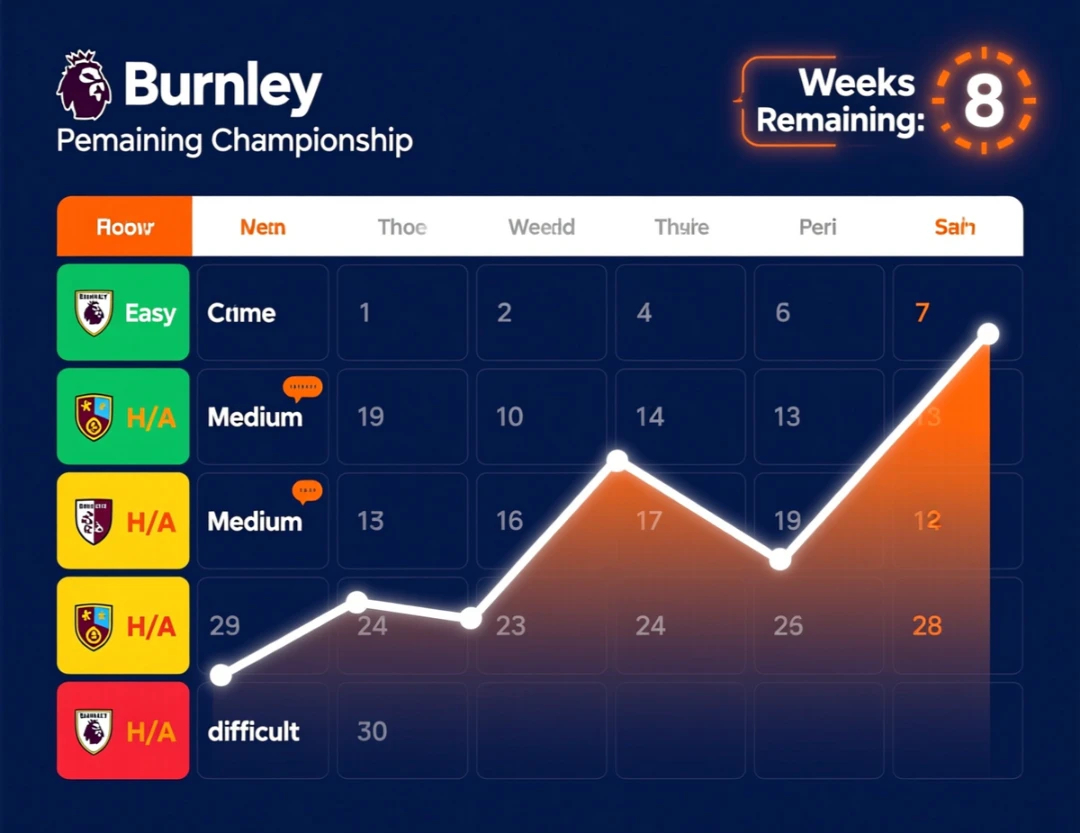 Burnley's remaining Championship fixtures calendar with color-coded difficulty levels and expected points projection