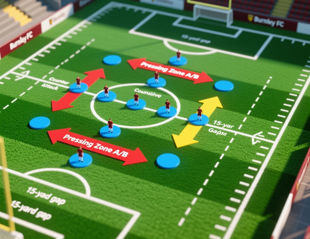 Tactical analysis diagram showing Burnley FC defensive formation and counter-attack strategy with player positioning
