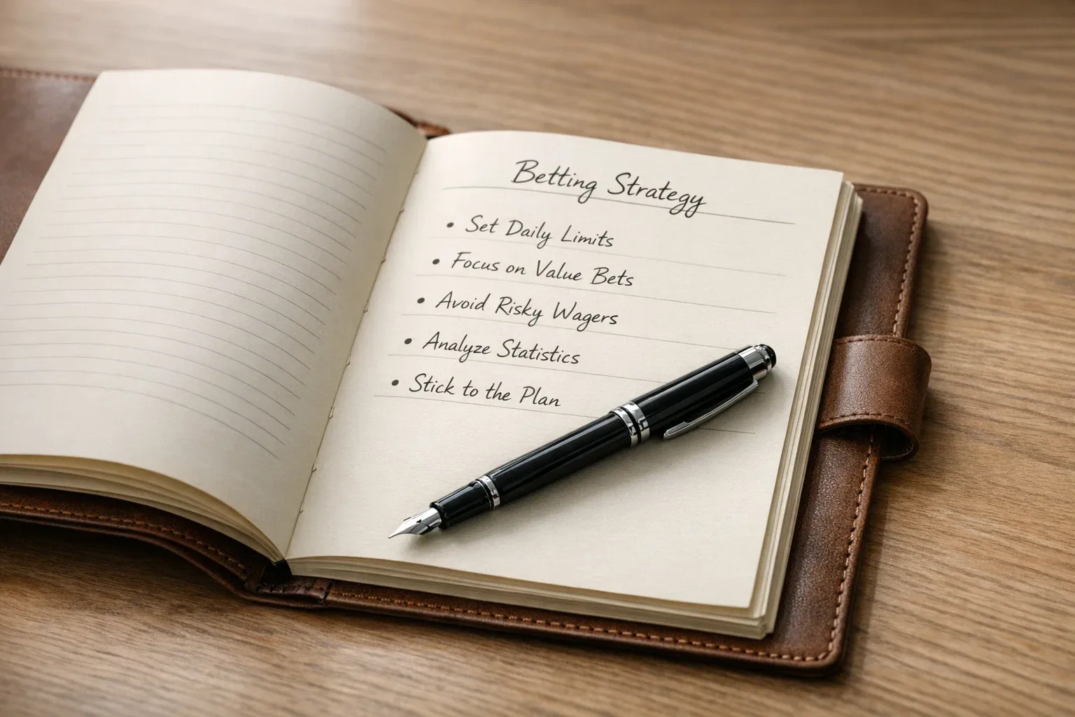 Notebook with betting strategy notes and a pen on a wooden desk