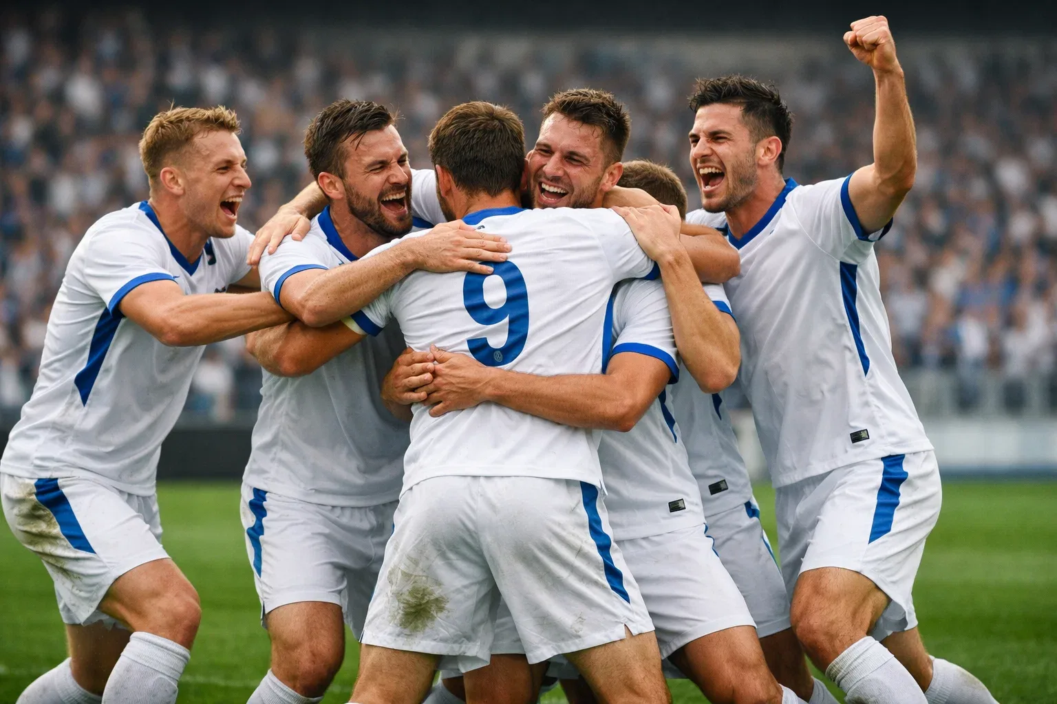 Football team celebrating after scoring a goal during a match