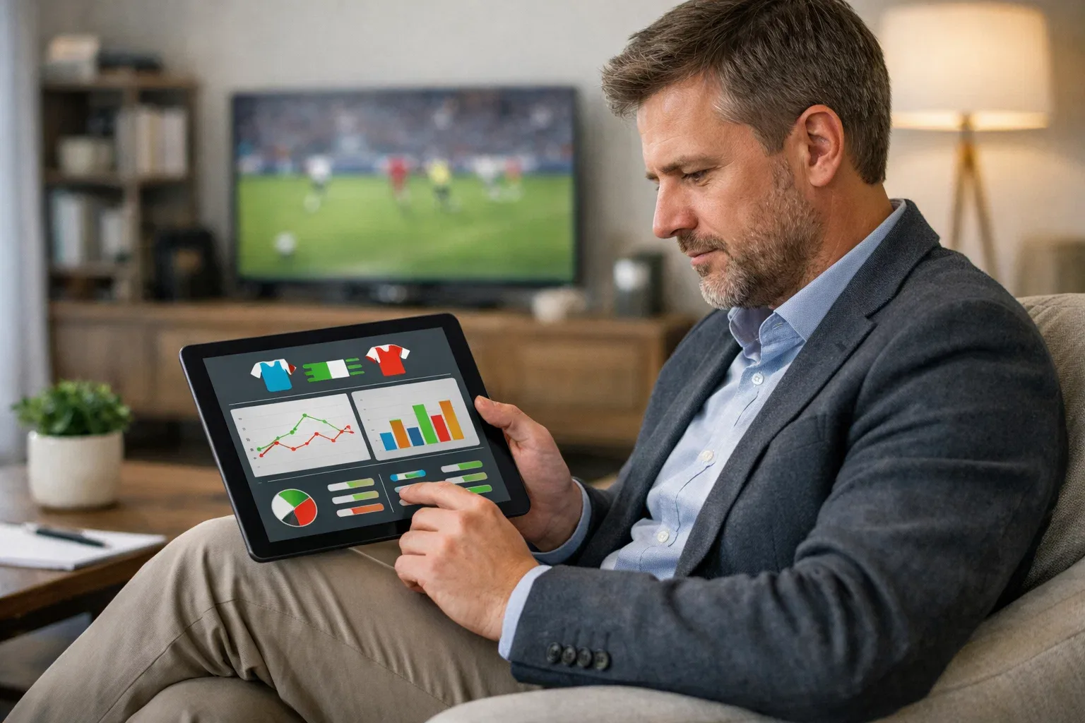 Football analyst reviewing match statistics on a tablet device