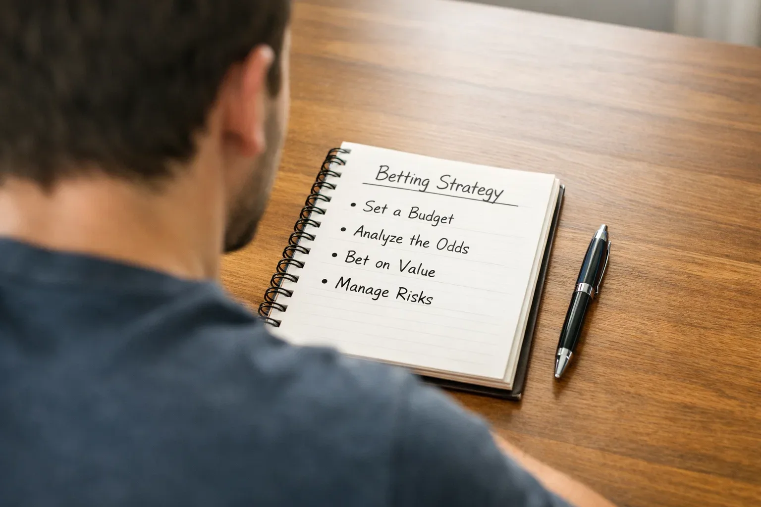 Person planning betting strategy with notebook and pen on desk