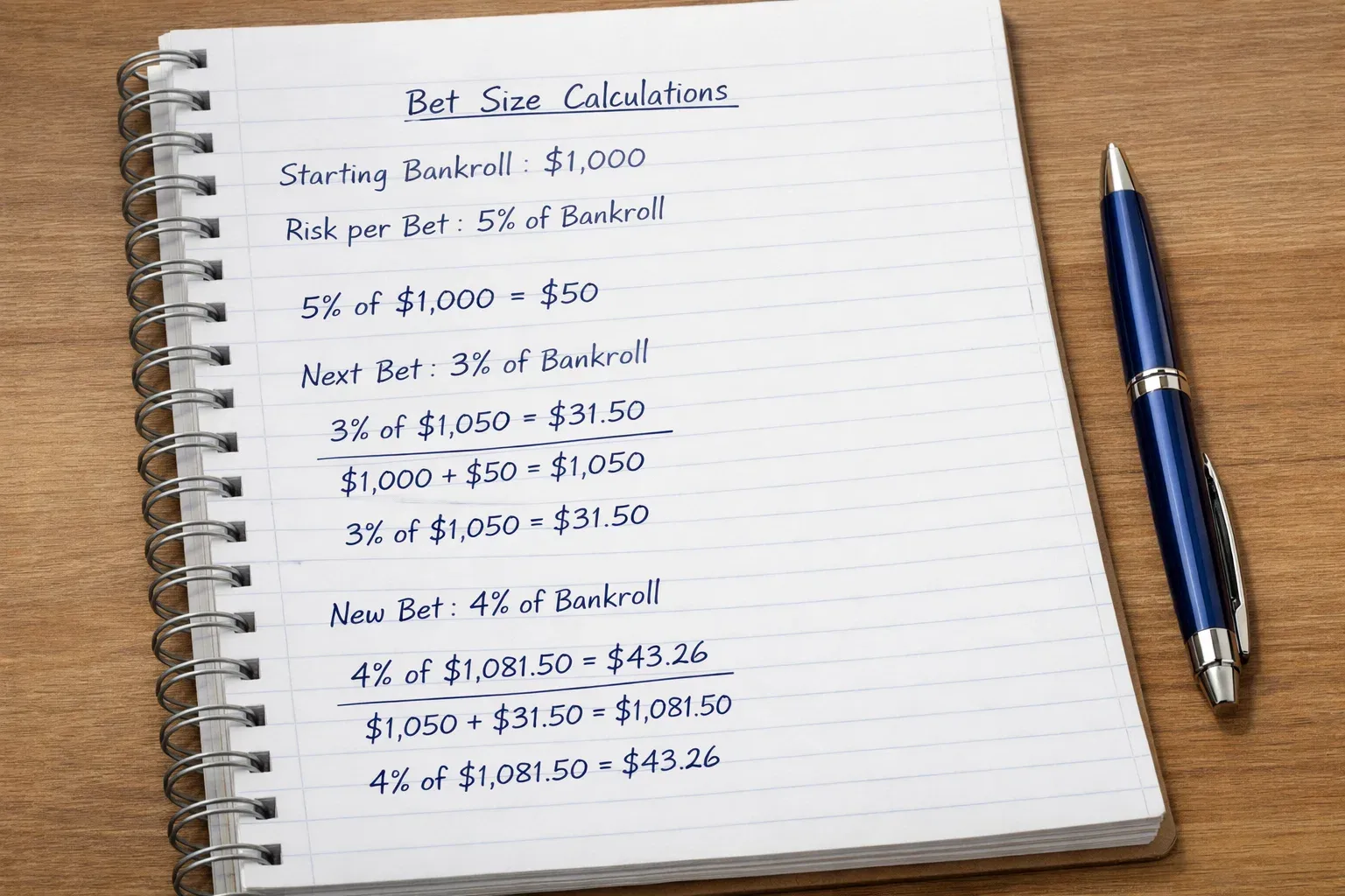Notepad with stake calculations and percentage figures