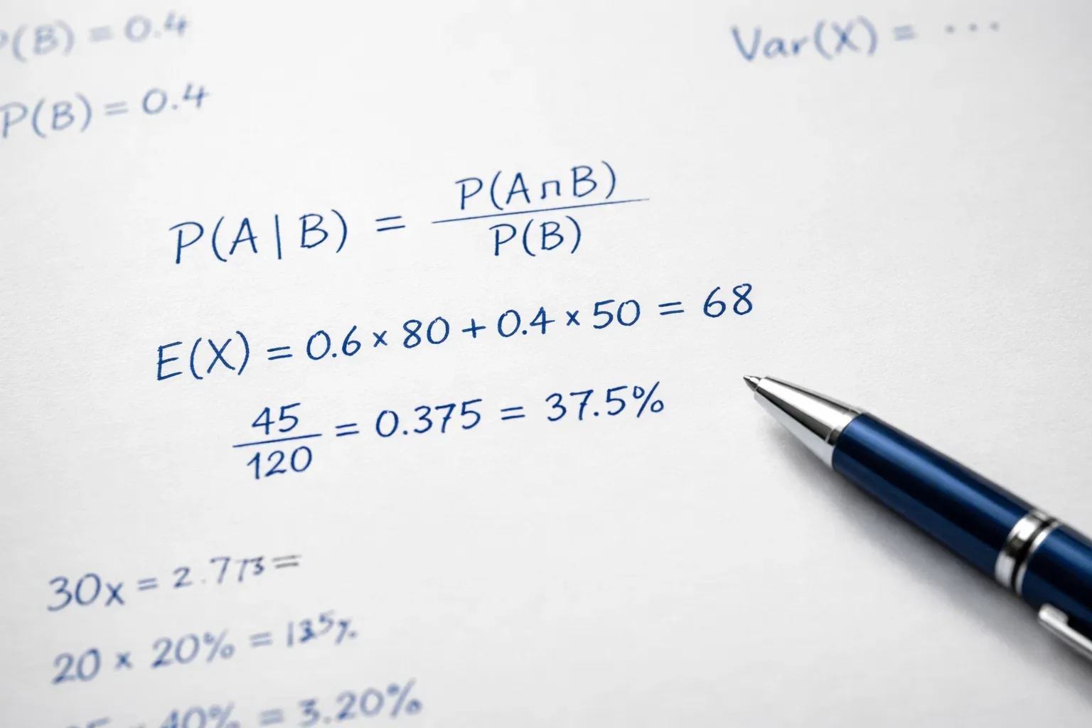 Mathematical formulas and calculations written on paper