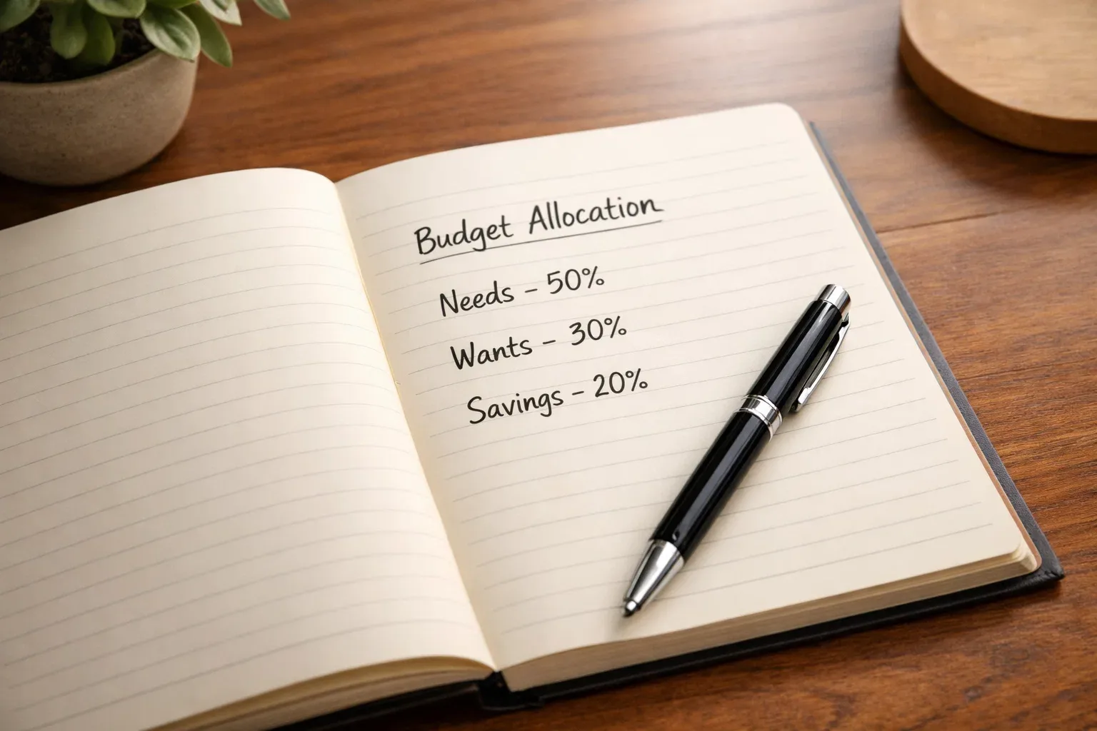 Organized financial planning notebook with pen on a clean desk