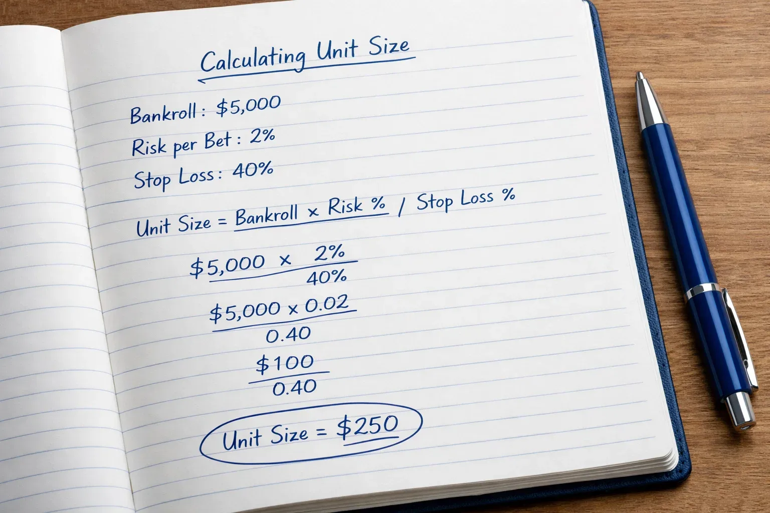 Notebook showing unit sizing calculations and percentages