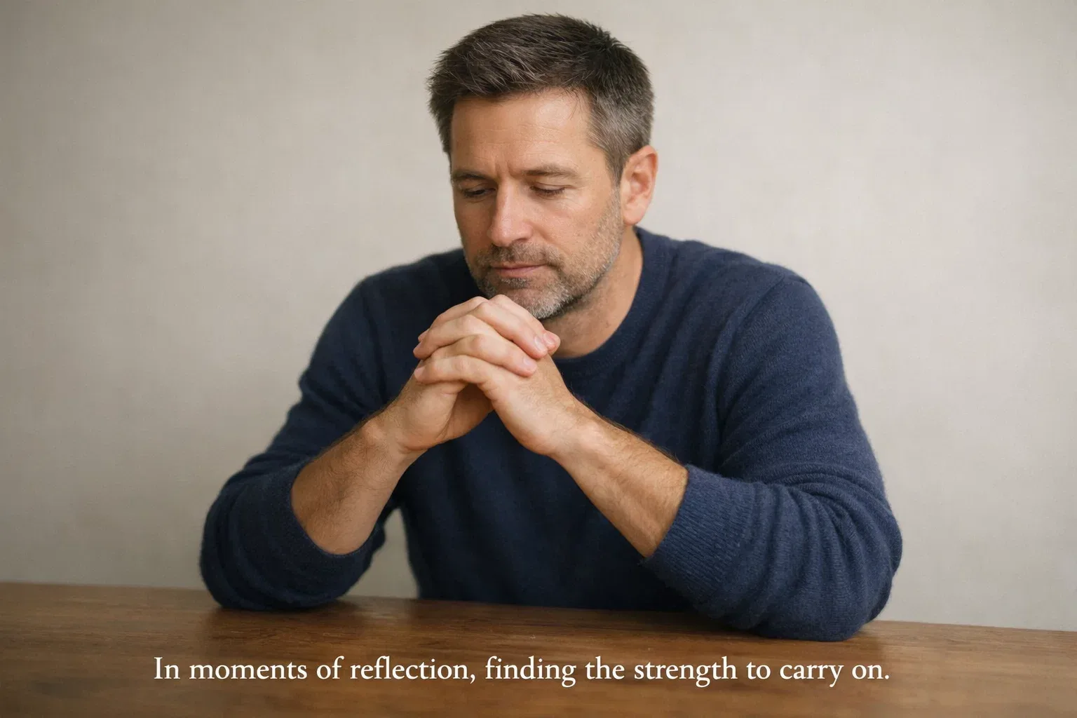 Person sitting quietly with hands clasped, appearing thoughtful