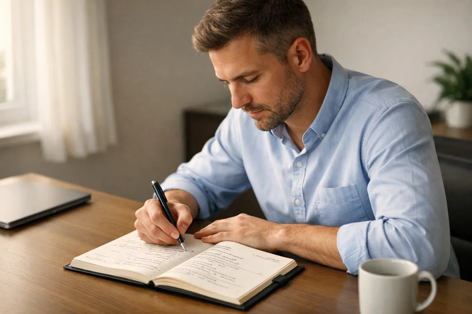 Person writing in a planning journal at a calm workspace