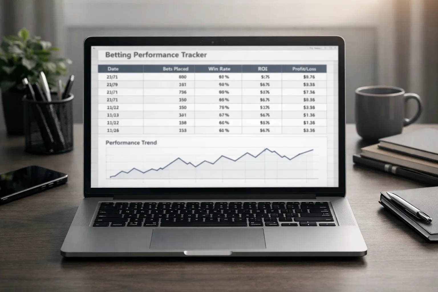 Spreadsheet showing betting performance metrics and statistics