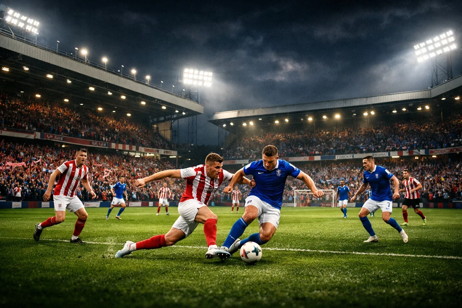 English Championship football match in action at a packed stadium