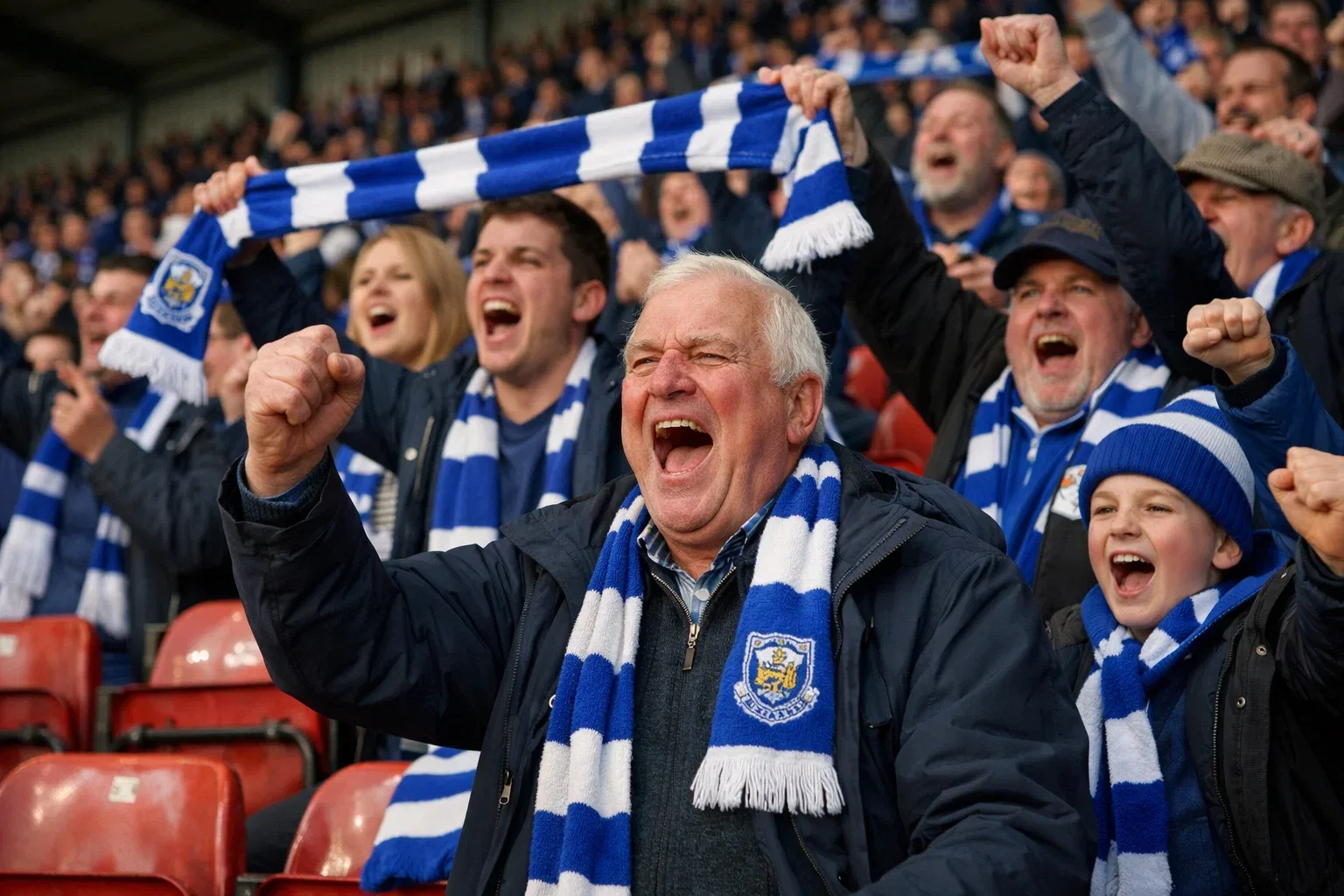 Passionate Championship football fans in a stadium stand