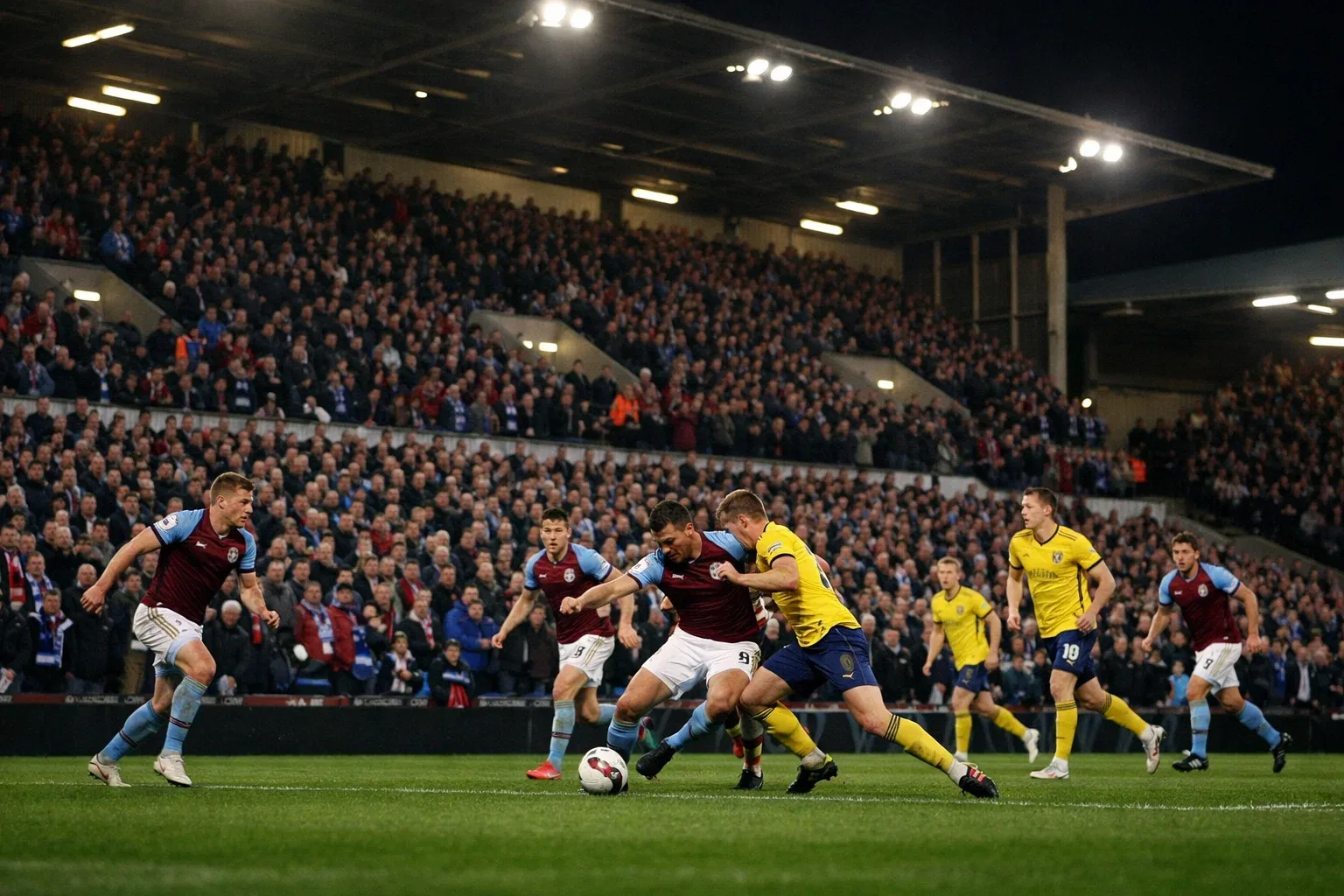 Inside Turf Moor during a football match with fans in attendance