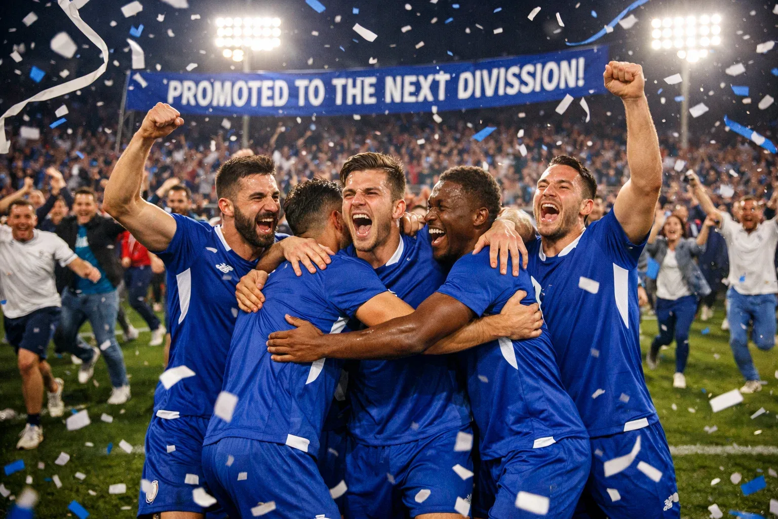 Football team celebrating promotion with fans on the pitch