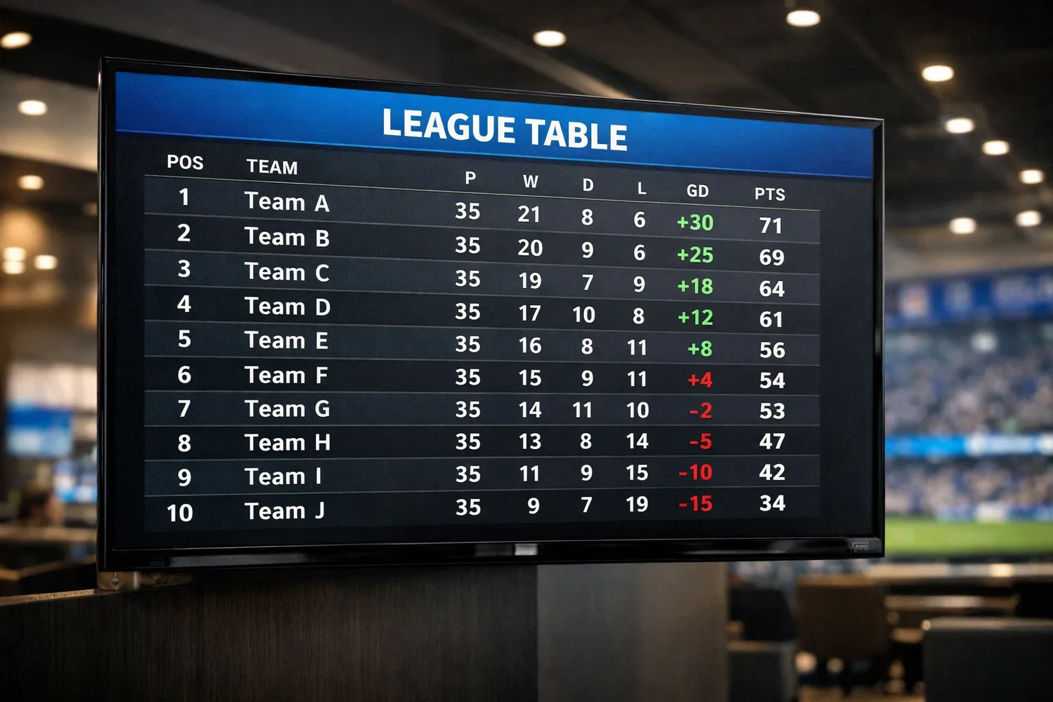 Football league standings displayed on a screen