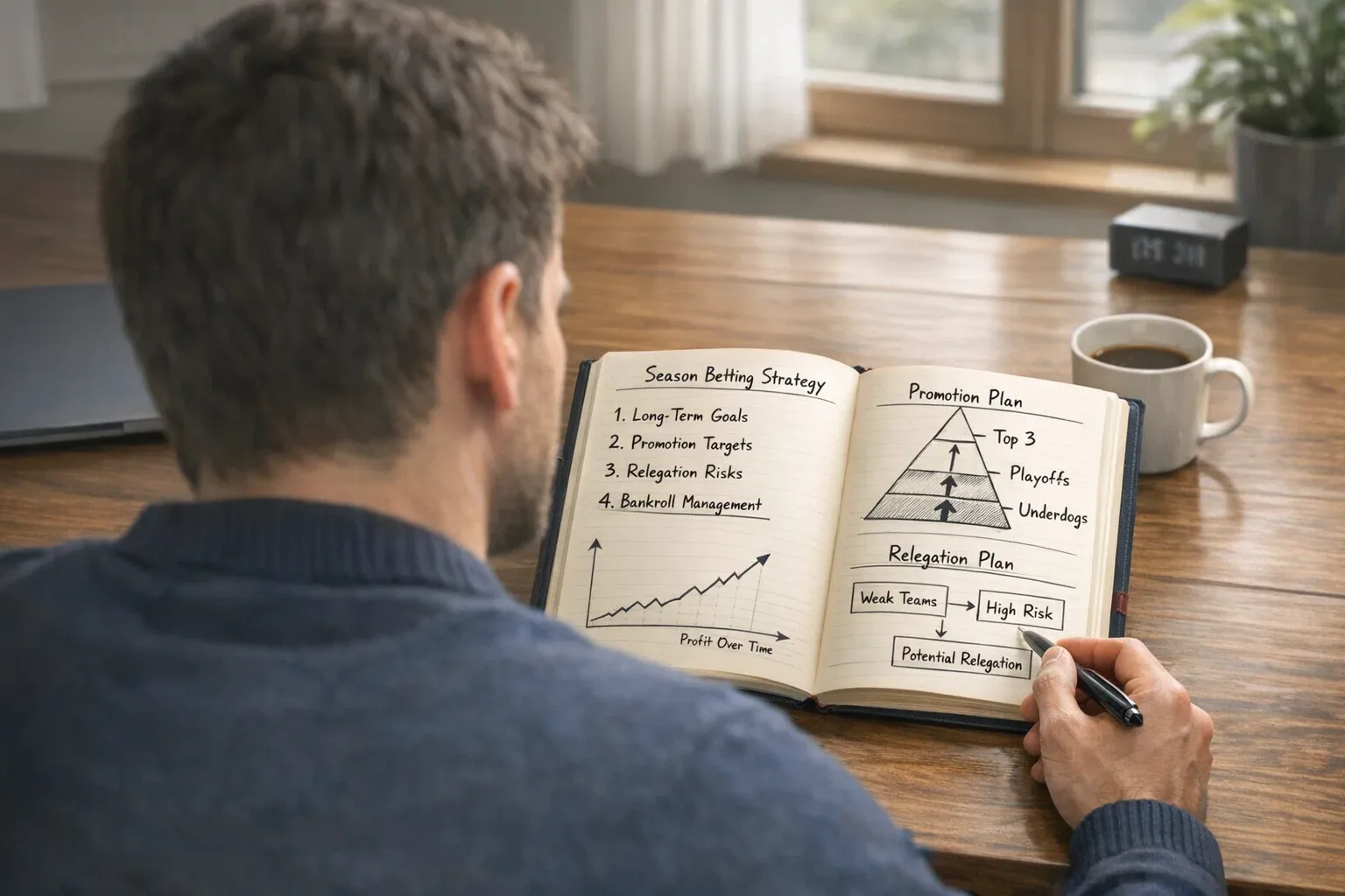 Person reviewing season betting strategy notes