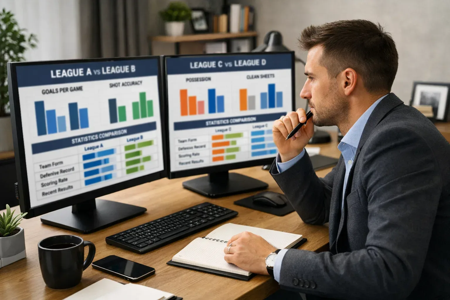 Person comparing football statistics on dual monitors