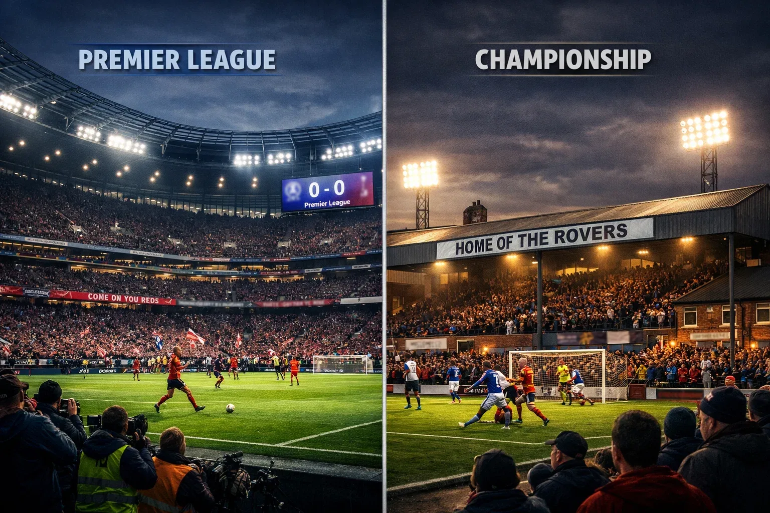 Split view of two English football stadiums representing different leagues
