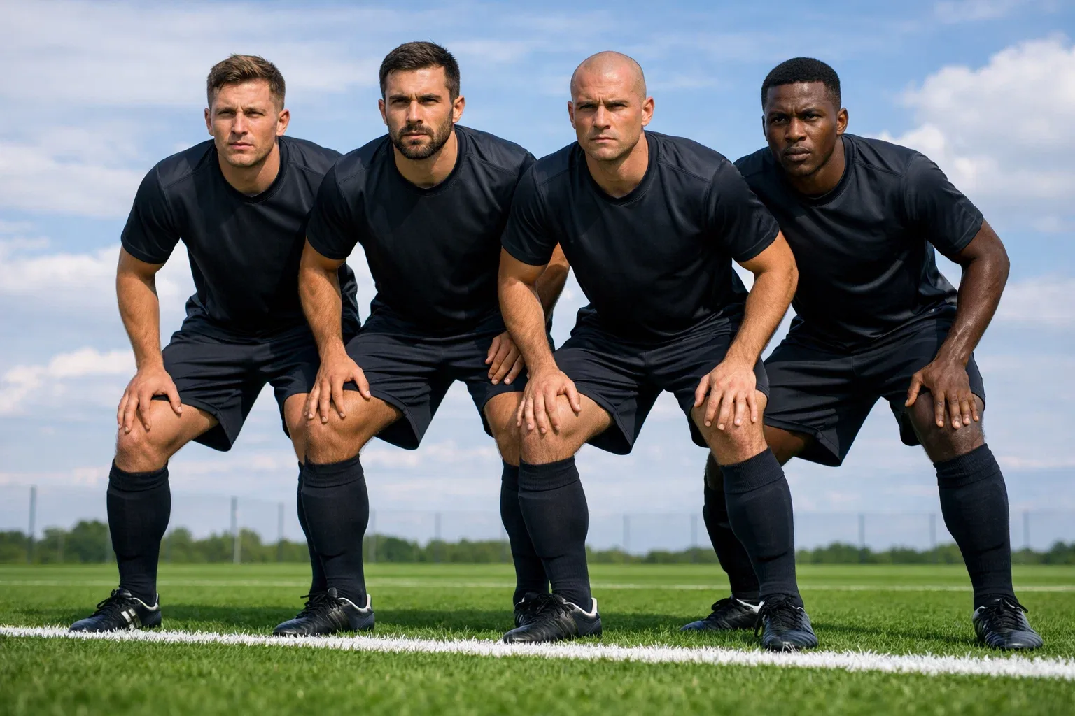 Four defenders forming a solid defensive line on a football pitch
