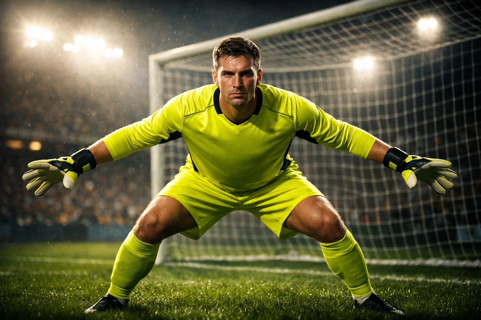 Football goalkeeper in ready stance guarding the goal during a match
