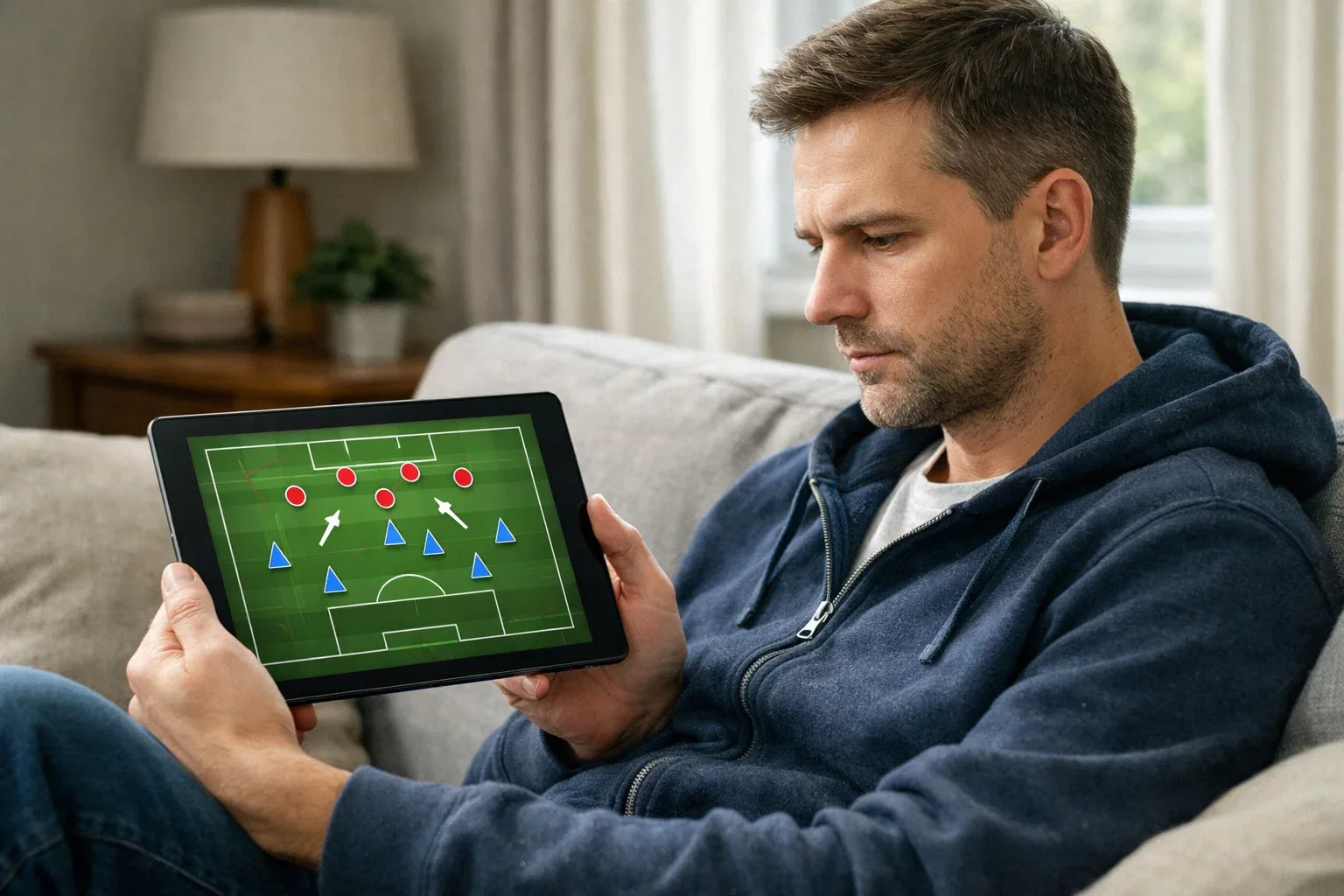 Person studying football match footage on a tablet device