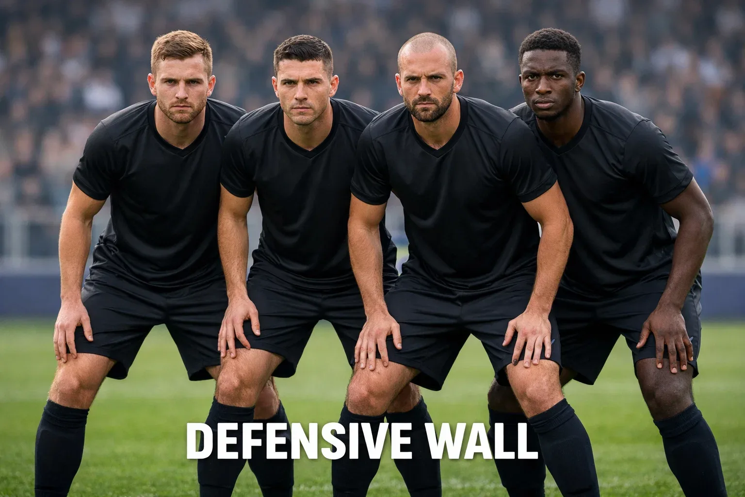 Football defenders forming a solid defensive line on the pitch