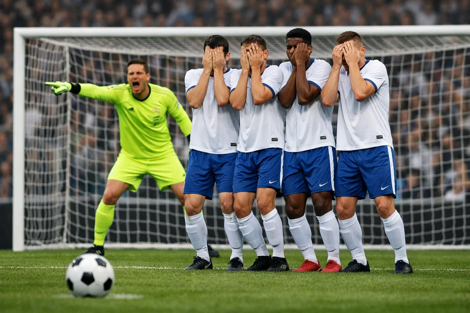 Goalkeeper organizing defensive wall during a football match