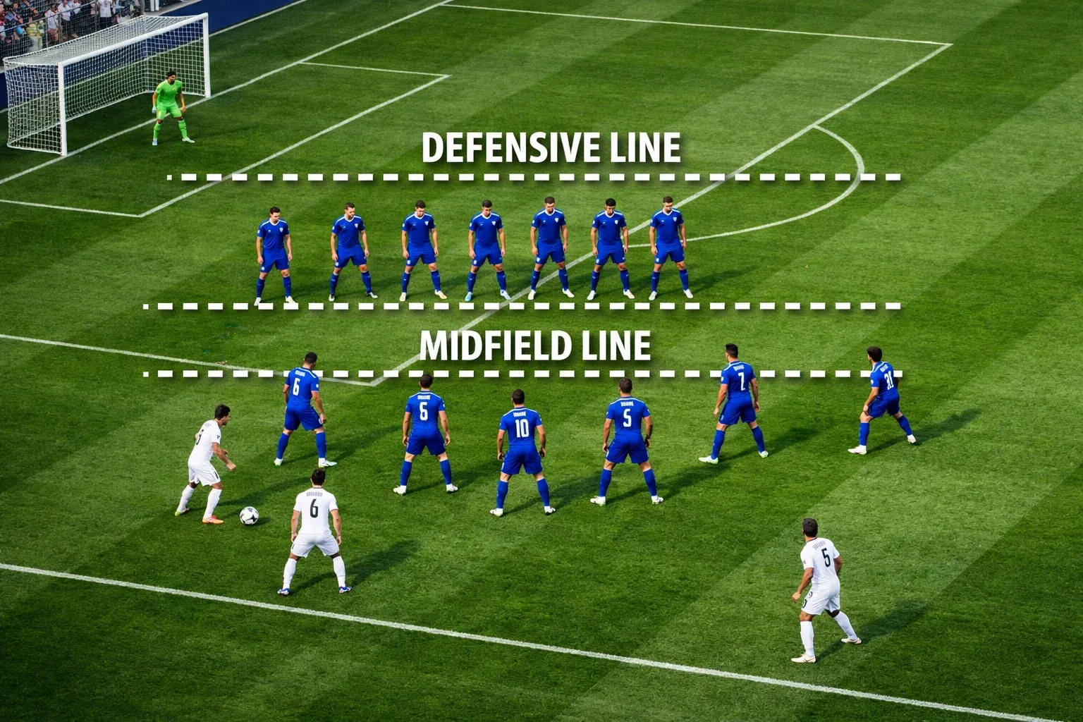 Football team in defensive formation during a match