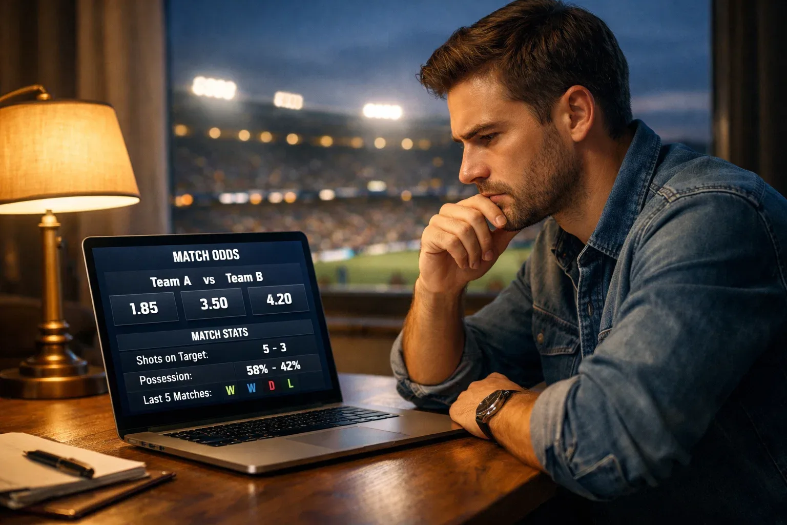 Football bettor analyzing odds on laptop with stadium in background