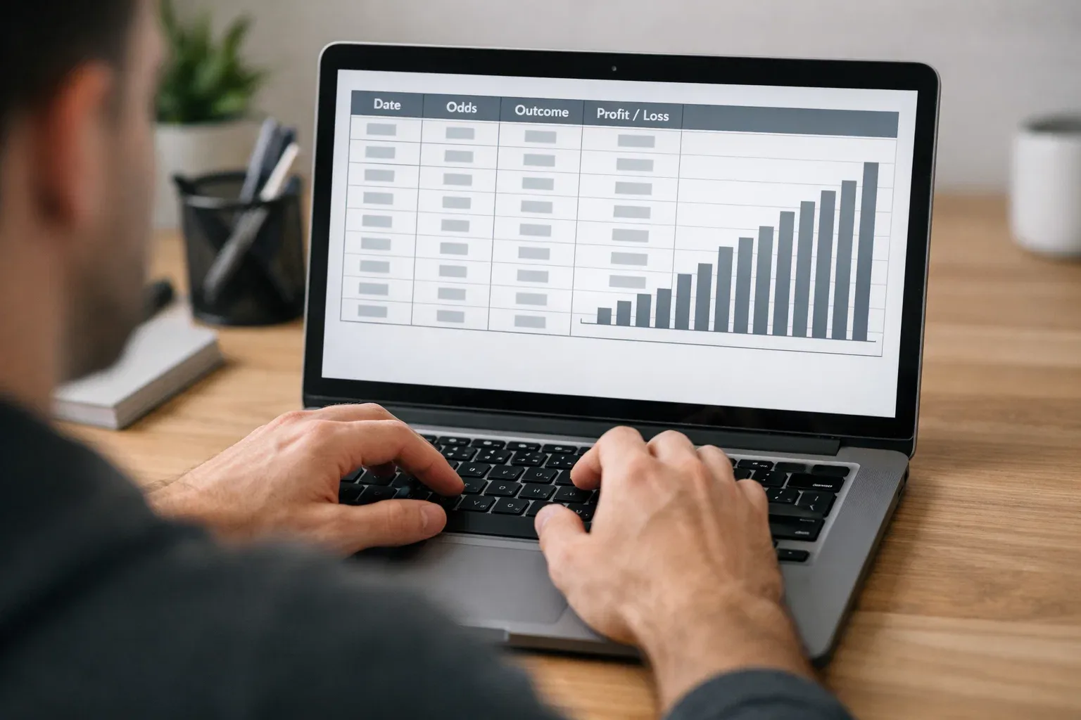 Bettor reviewing betting records and performance statistics on screen