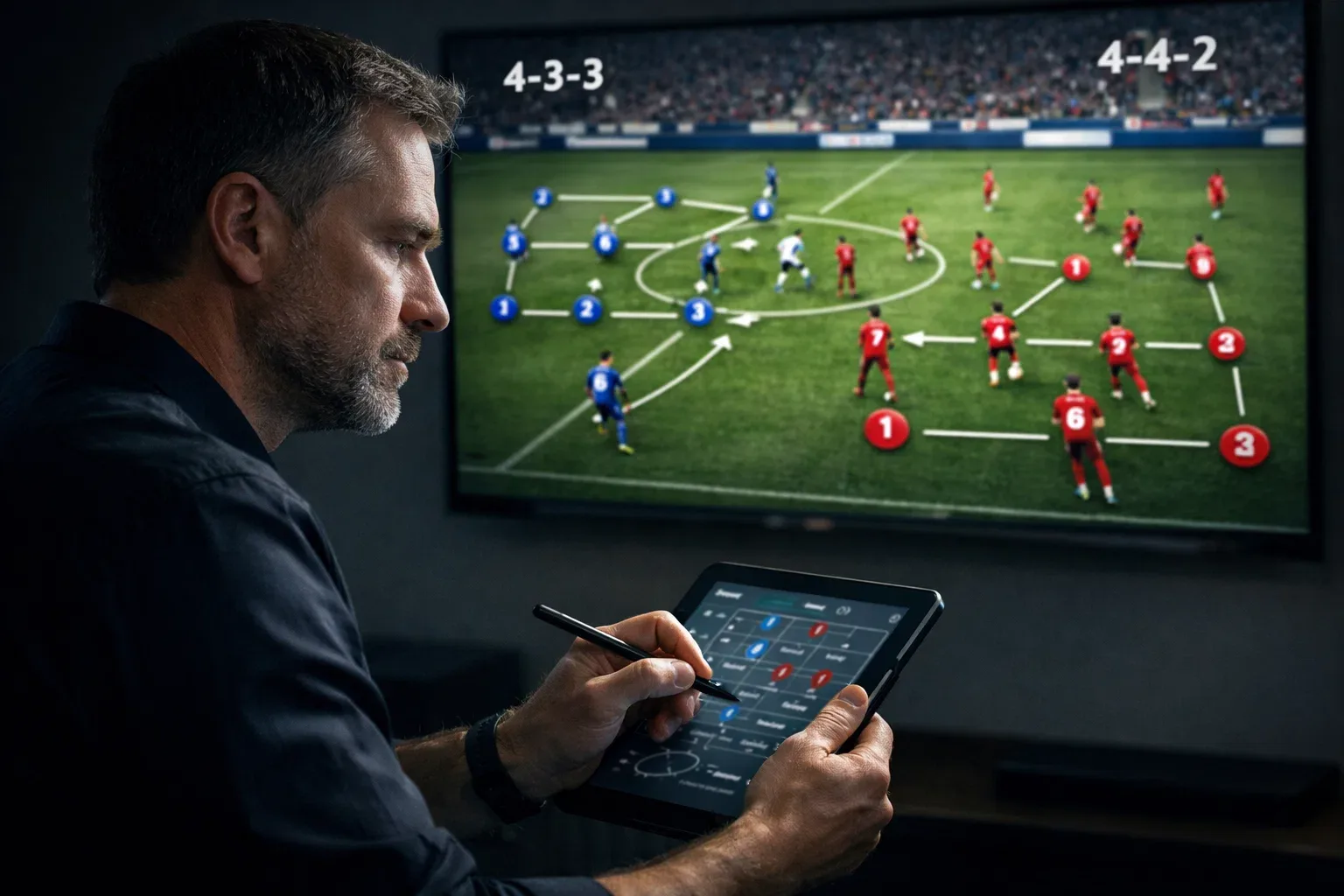 Football analyst watching match on TV while taking notes on tablet
