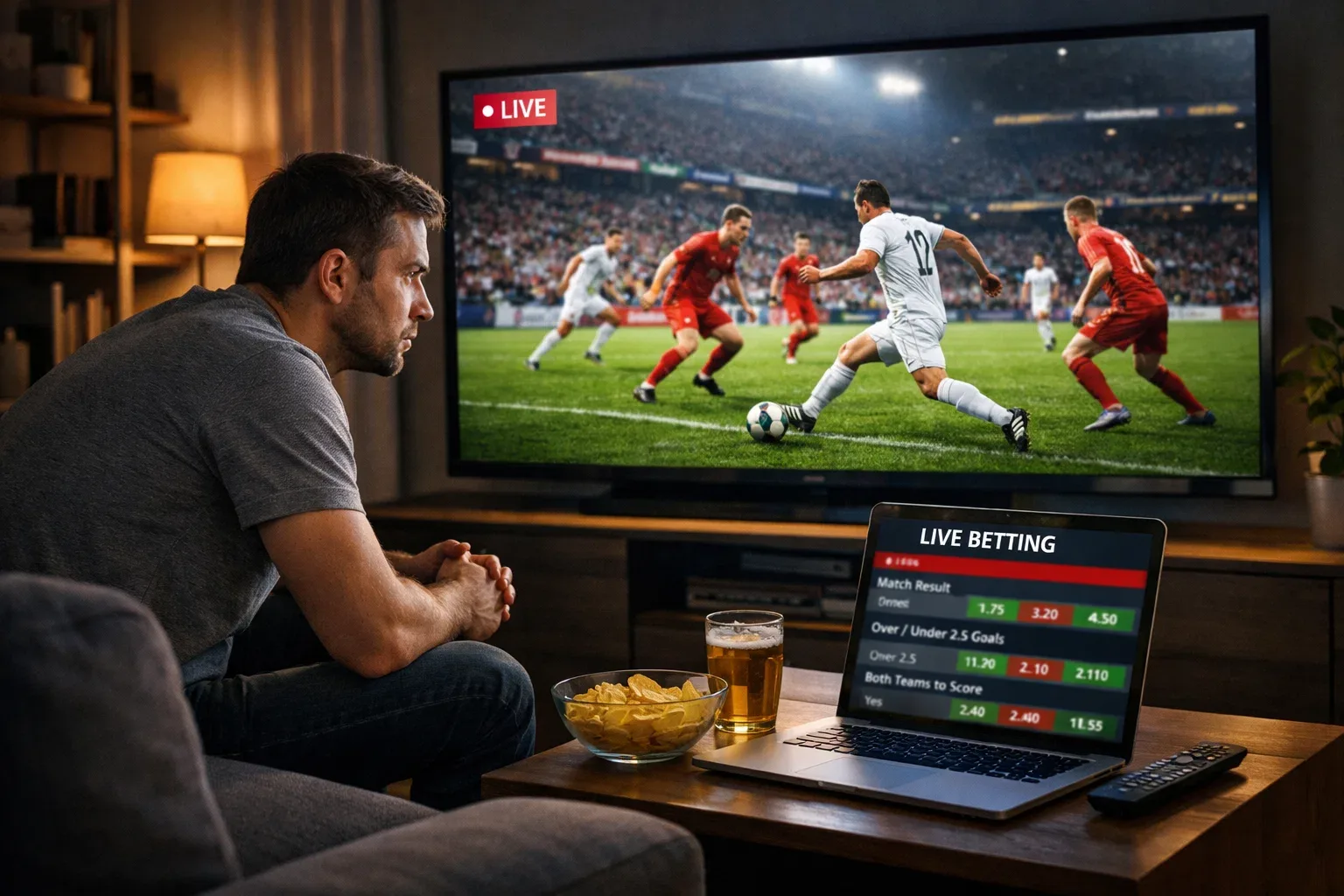 Football match being watched on multiple screens with live betting interface