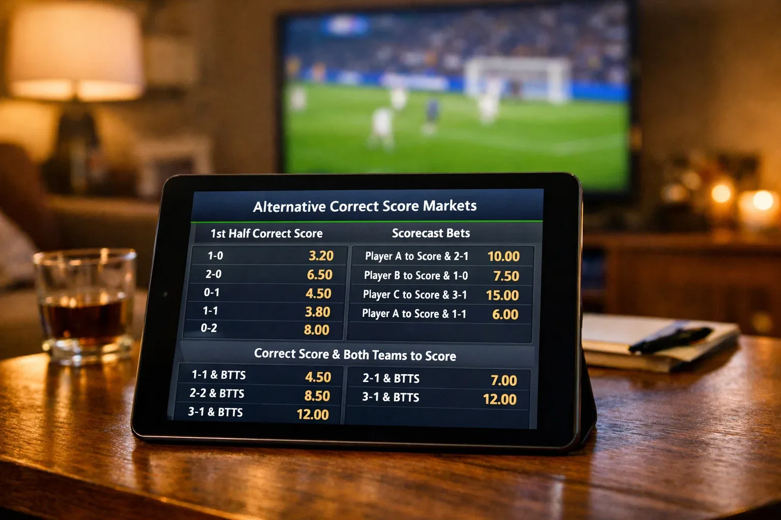 Football betting screen showing half-time correct score and scorecast options