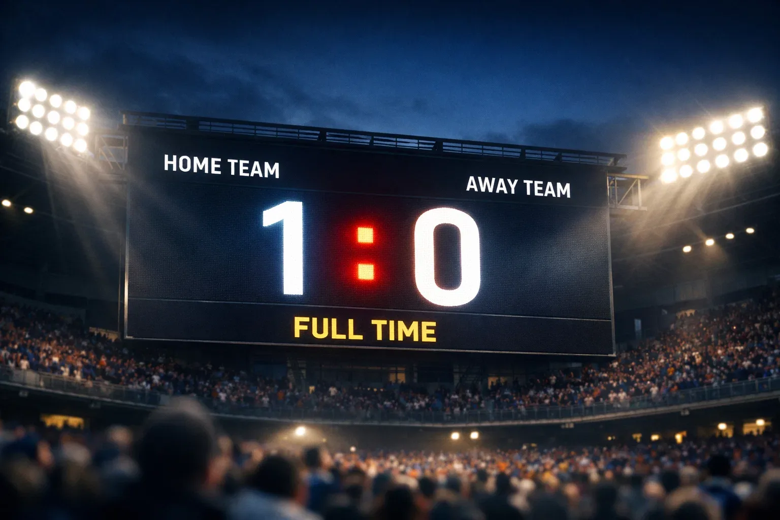 Football scoreboard showing match result with stadium crowd in background