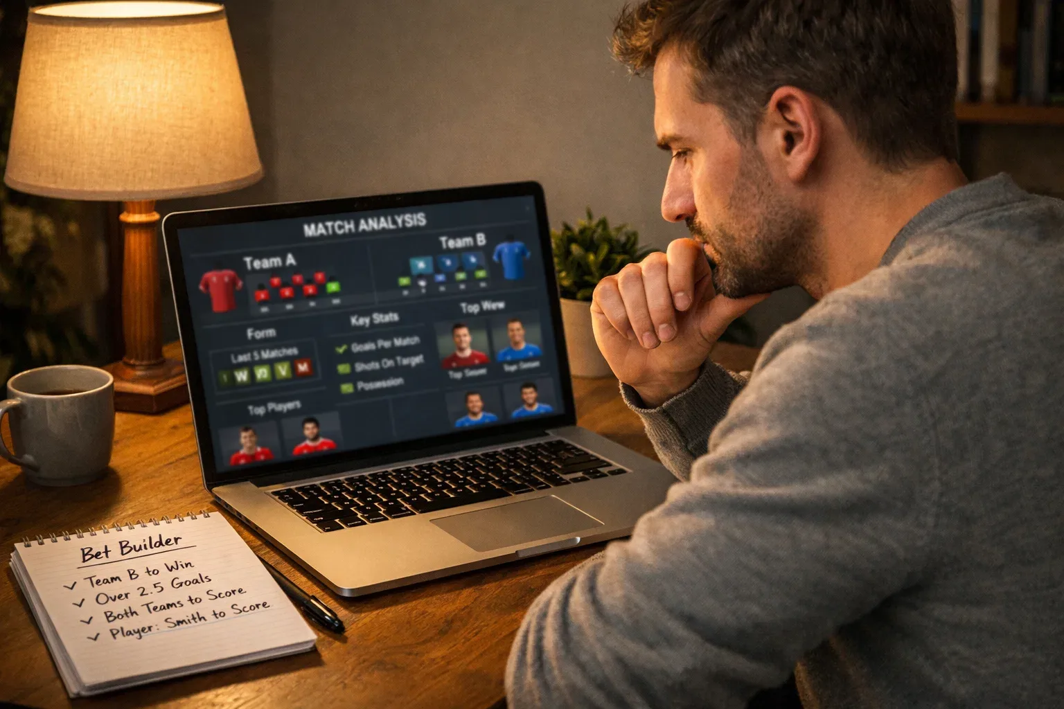 Person analyzing football match statistics on laptop while building a bet