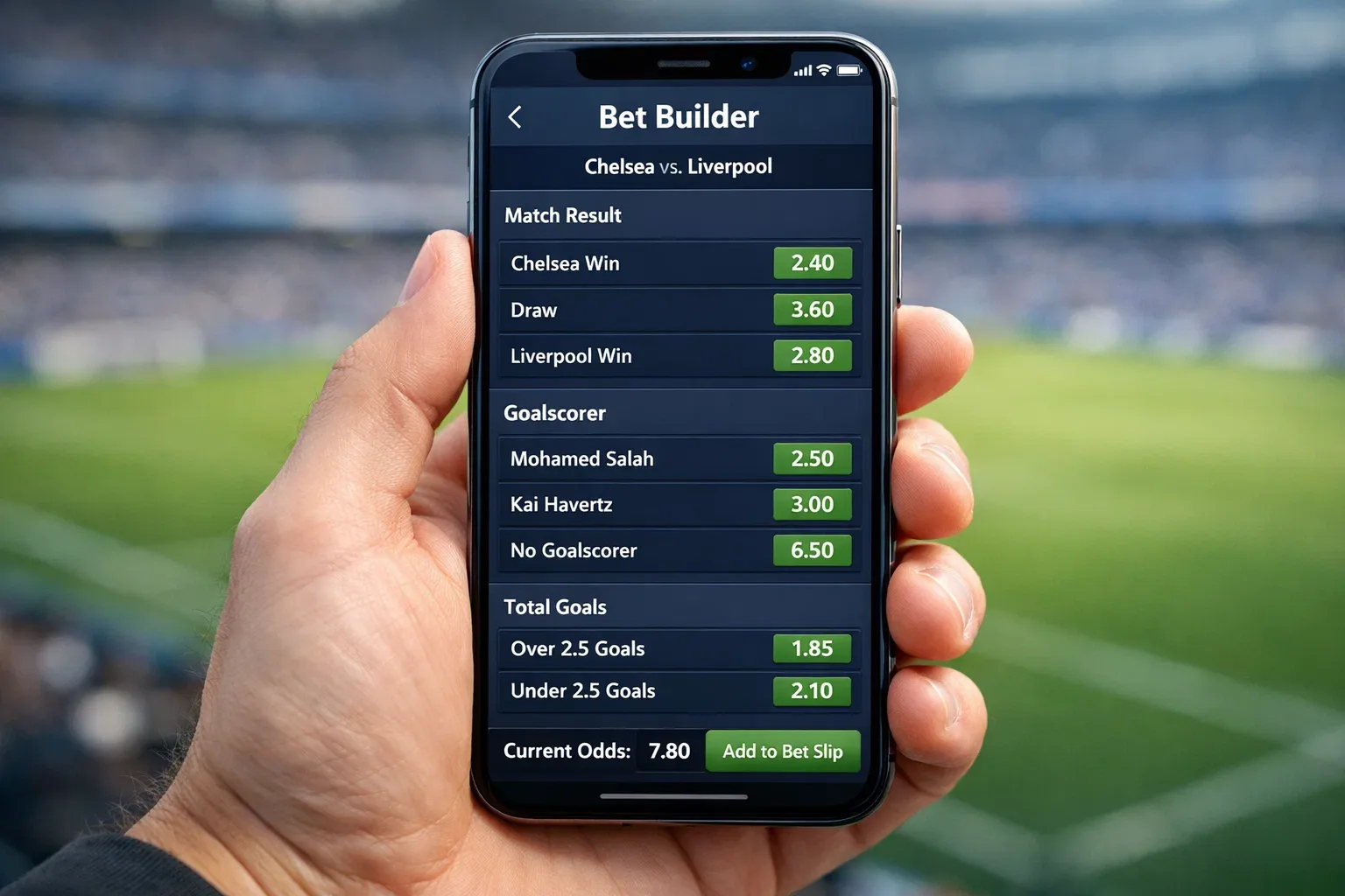 Football betting app showing bet builder interface with multiple selections