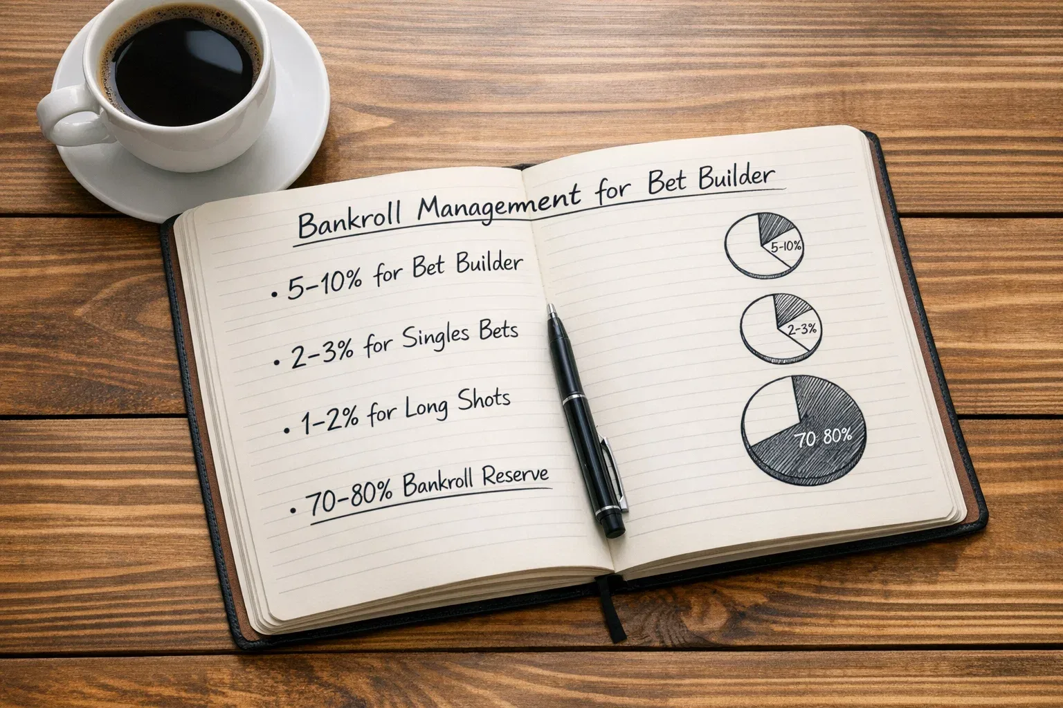 Notebook showing bet builder stake allocation and bankroll percentages