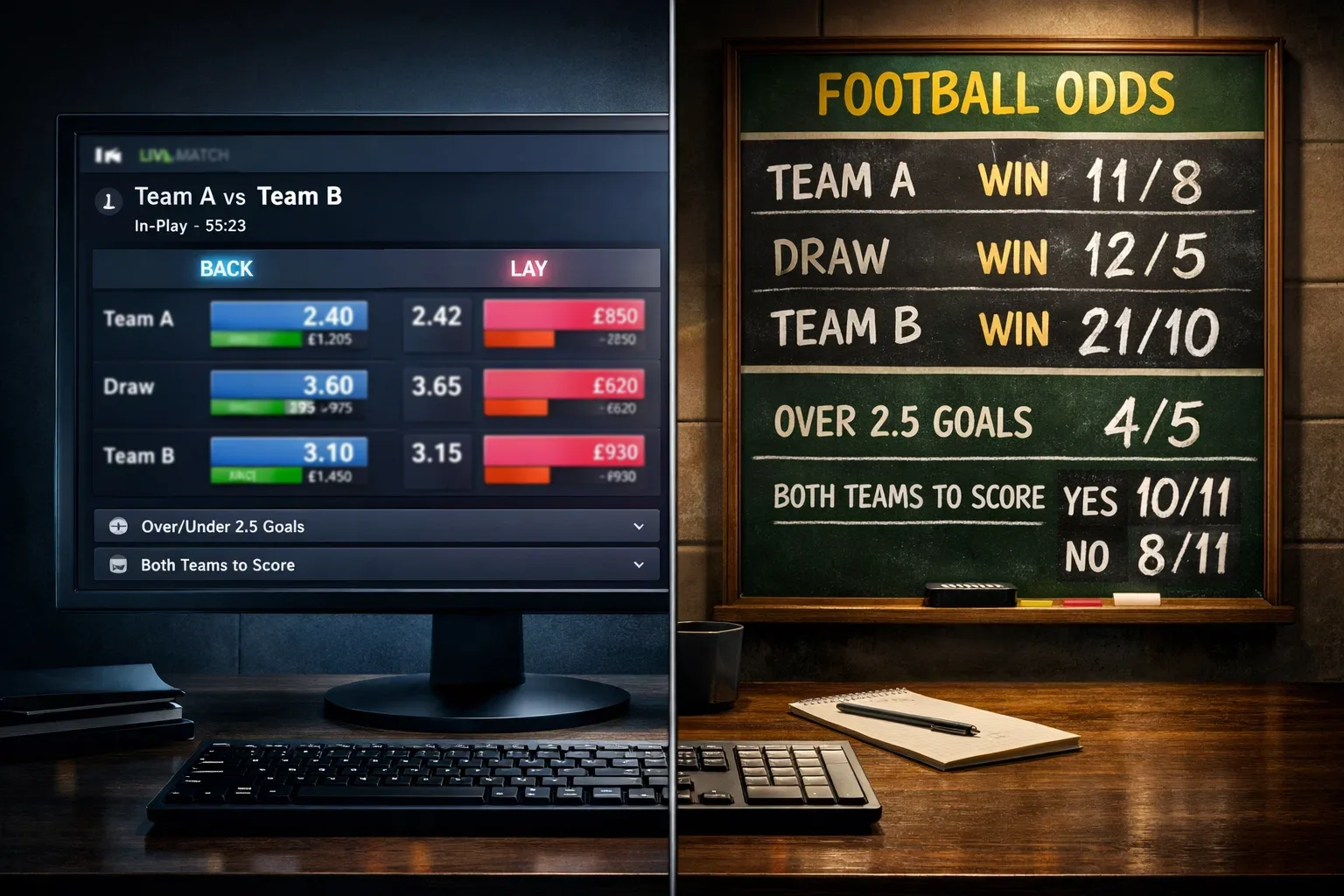 Split view of betting exchange trading screen and traditional bookmaker odds board