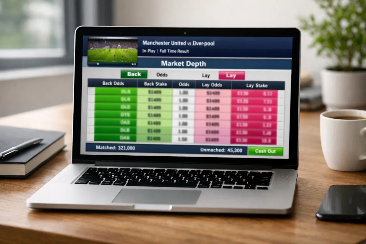 Laptop showing betting exchange market depth with available funds at different odds