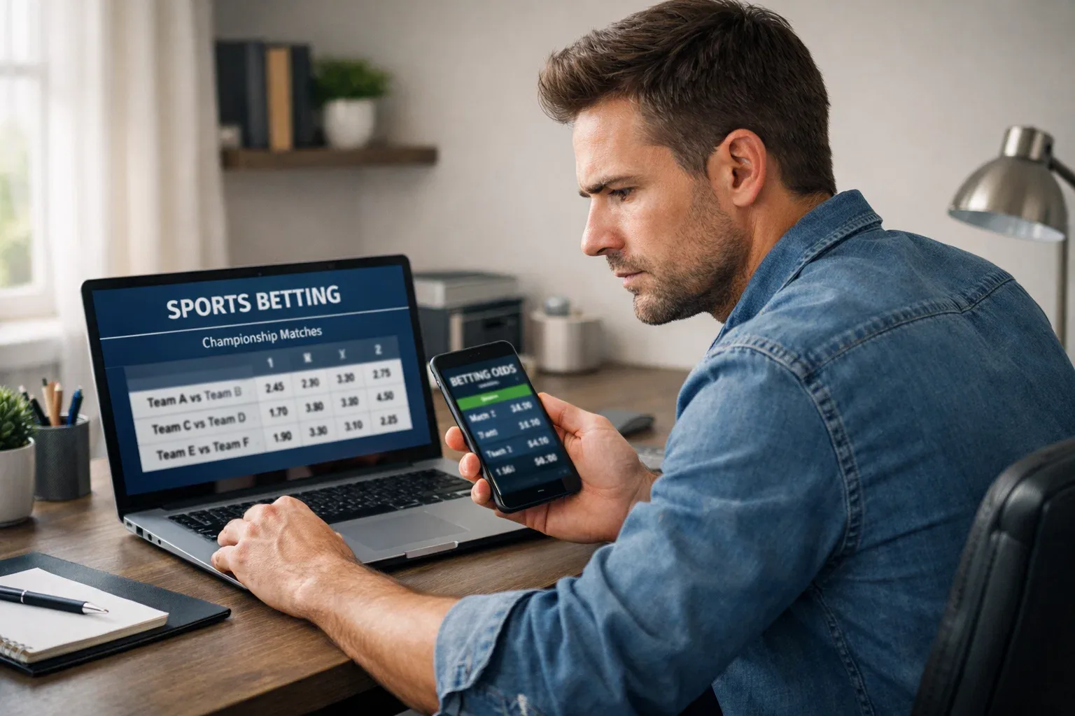 Person comparing betting options on a laptop and mobile phone