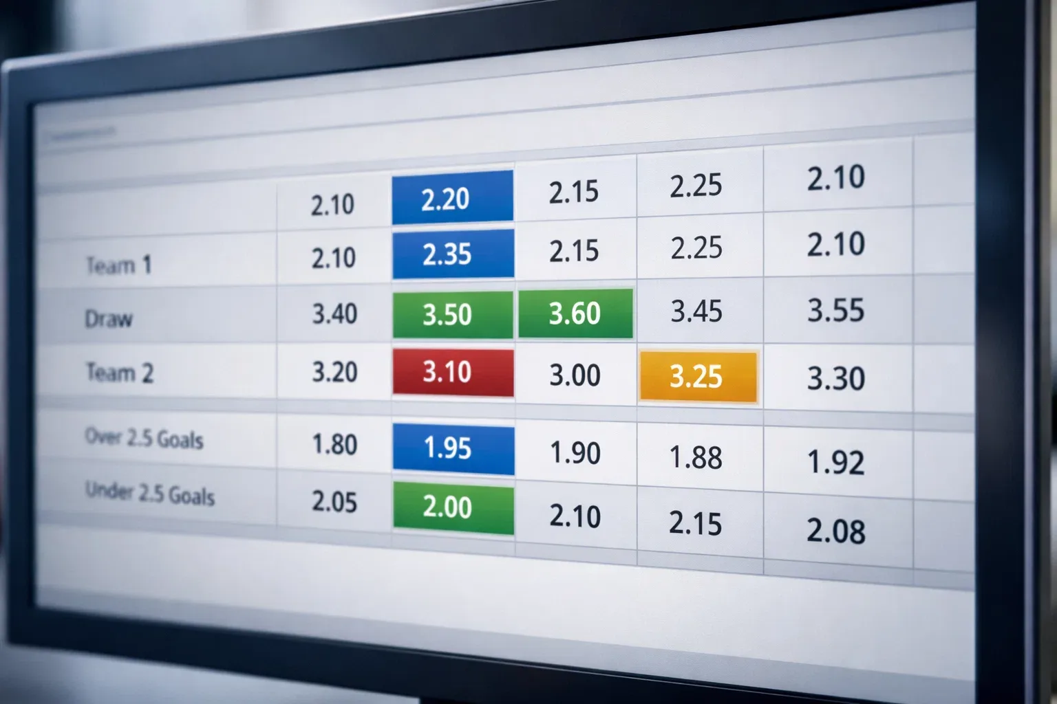 Screen showing odds comparison between different bookmakers