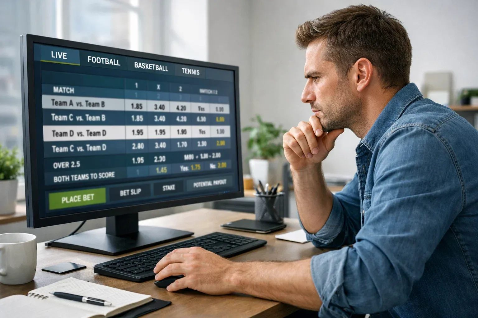 Person systematically checking odds on computer before placing bet