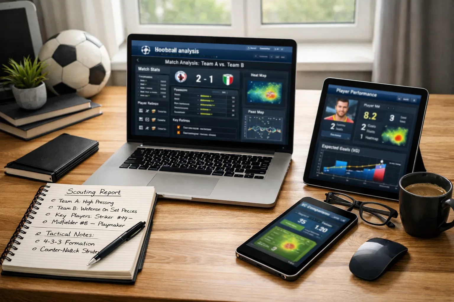 Organized workspace with multiple data sources for football research