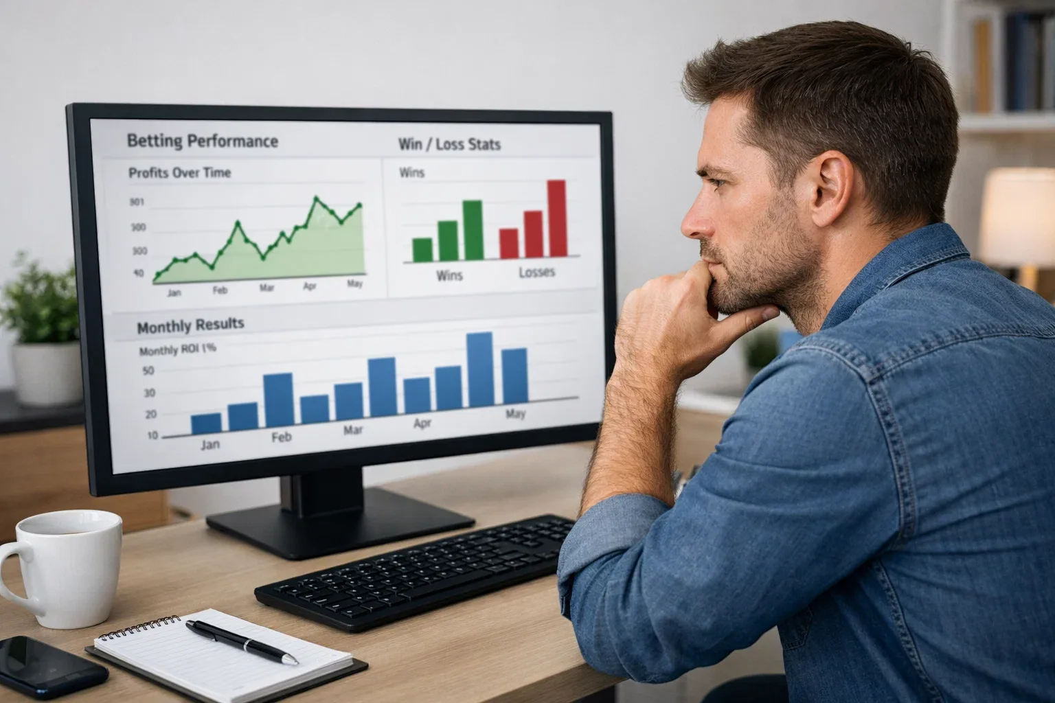 Person reviewing betting performance charts and data on screen