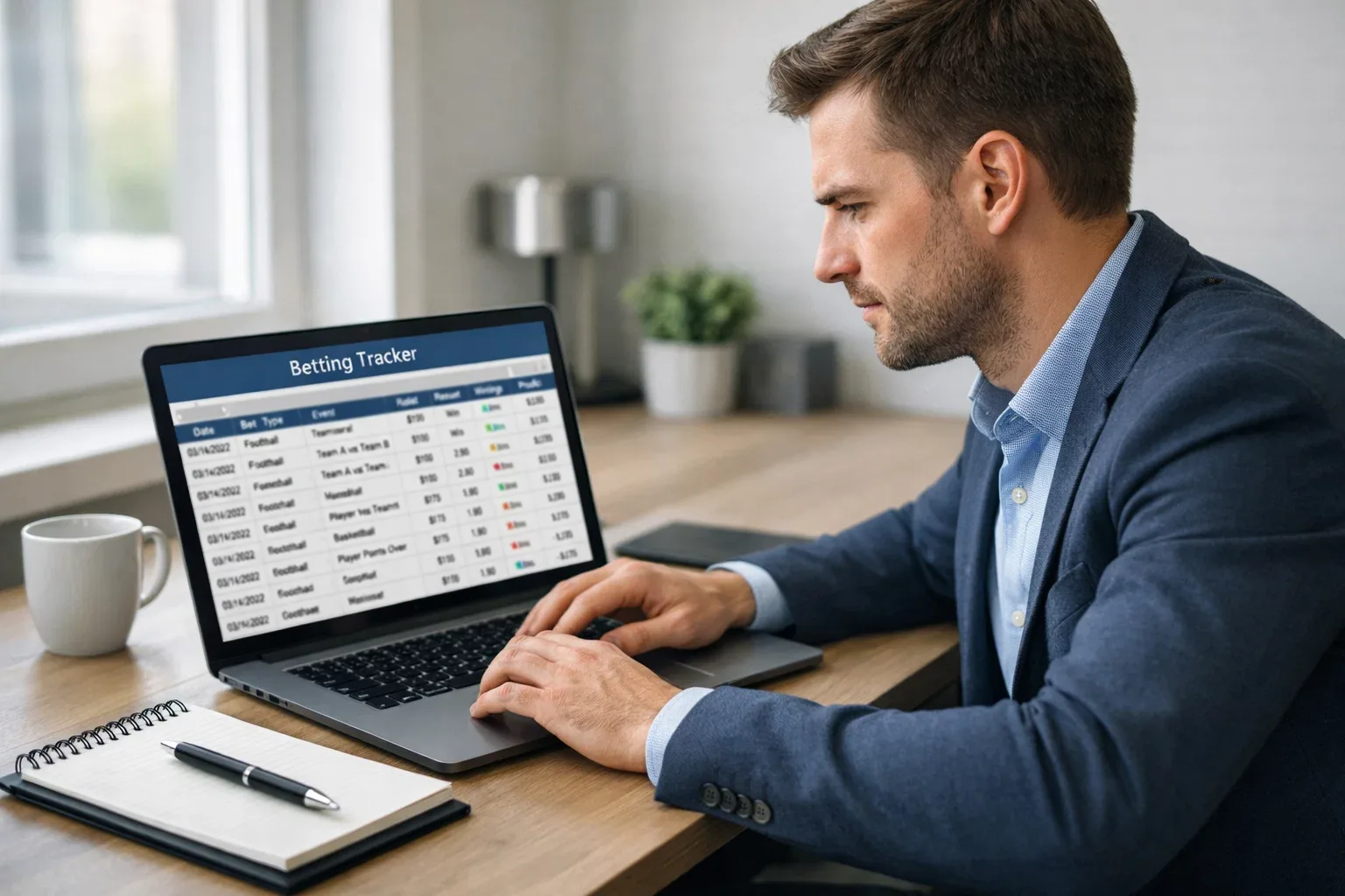 Person tracking betting records on a laptop with spreadsheet visible
