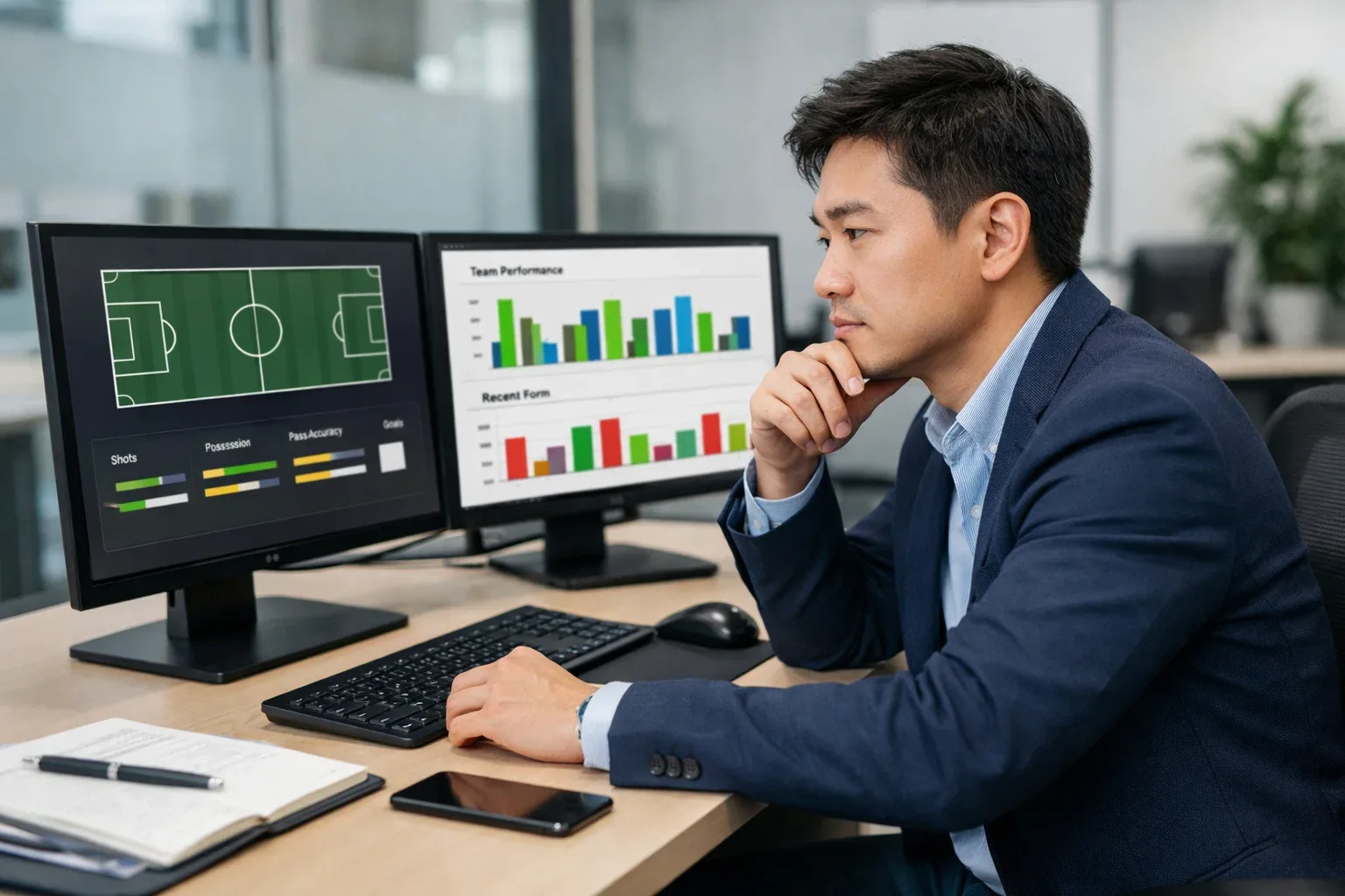 Football analyst reviewing match statistics on computer screens