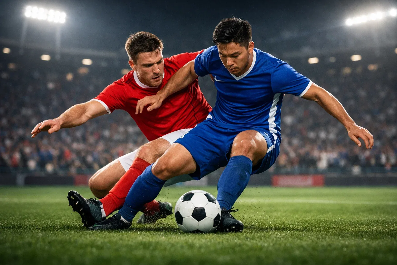 Football match action with two teams competing on the pitch