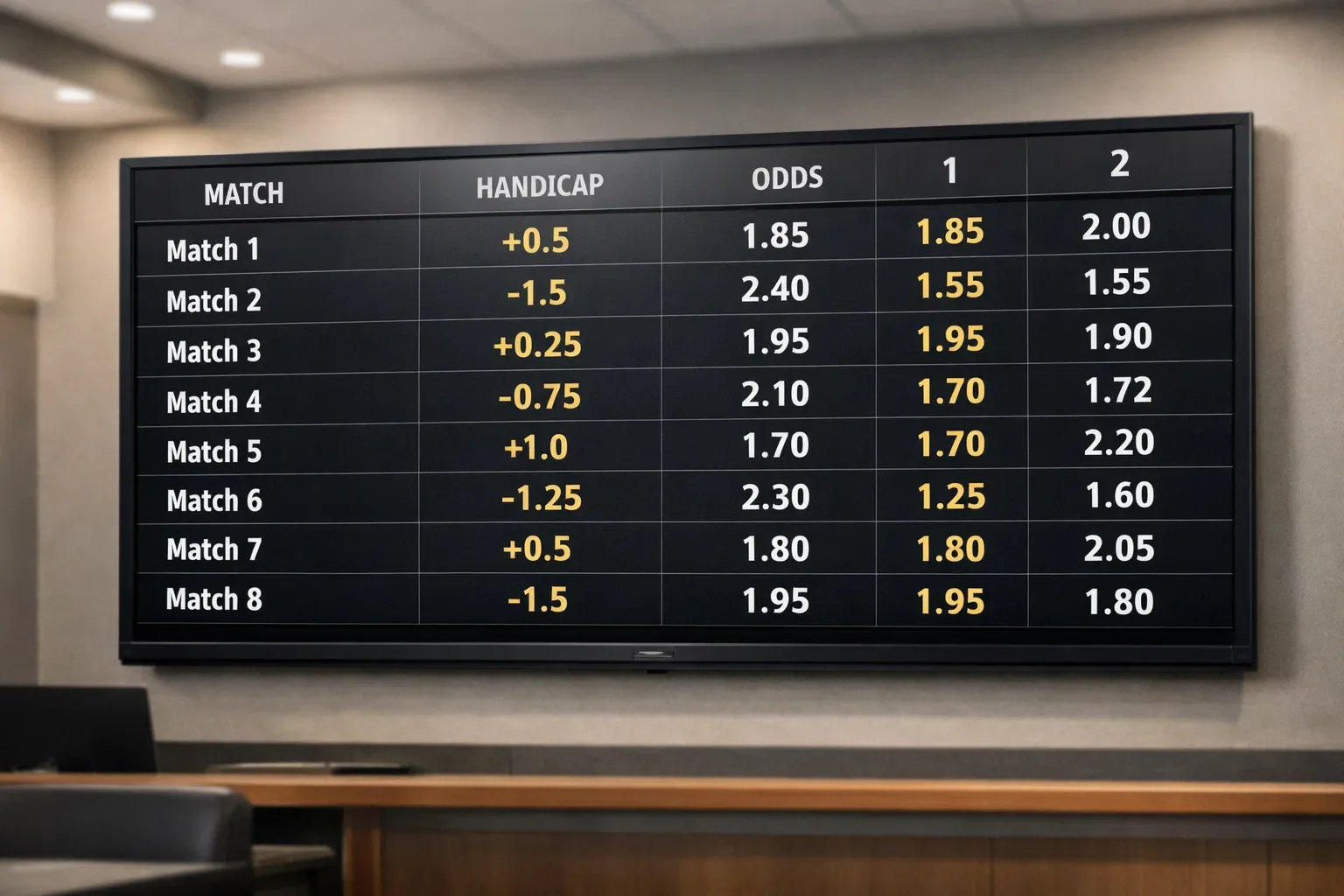 Sports betting display showing football handicap lines and odds
